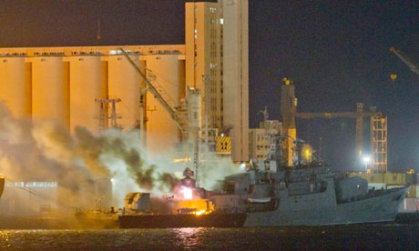 Libyan Navy Frigate Al Ghardabia on fire after being hit by British Tornado